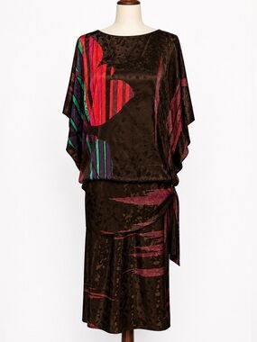 Vintage 80s skirt set- draped oversized top- drop waist, graphic print- M